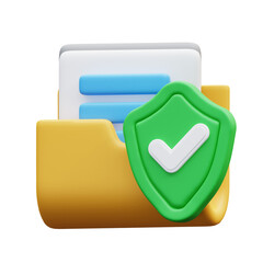 Yellow folder with document and a shield. Represents data security and safe file storage.