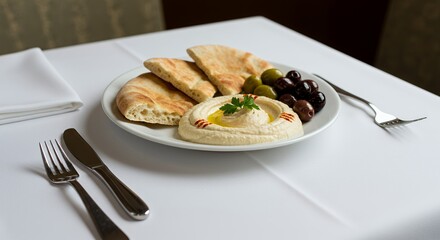 Creamy Hummus, Warm Pita, and Olives: A Mediterranean Delight Awaits