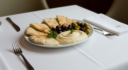 Mediterranean Mezze Platter: Hummus, Pita, and Olives Await