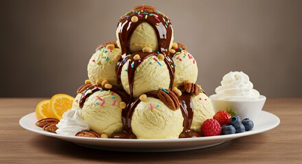 Indulge in this decadent ice cream pyramid, drizzled with rich chocolate and topped with colorful sprinkles.