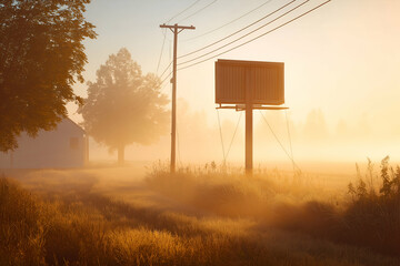 Foggy Countryside Scene with Billboard and Power Lines at Sunrise. Mock up promotion information for marketing announcements and details, blank white space