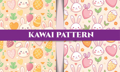Adorable Kawaii Rabbit and Fruit Seamless Patterns Perfect for Cute Designs