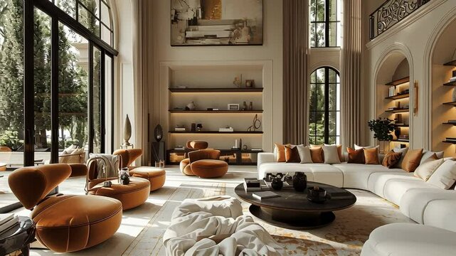 French style,a luxurious and spacious living room with modern design elements. High ceilings,a grand staircase,large windows,and contemporary artwork enhance the overall aesthetic of the space.