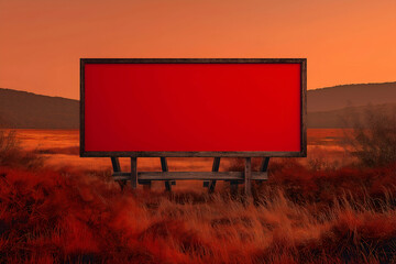 Billboard in Field with Red Sky and Grassy Landscape Background. Mock up promotion information for marketing announcements and details, blank white space