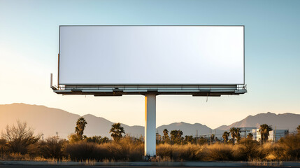 Fototapeta premium Blank Billboard Stands Tall Against Mountain Backdrop at Dusk. Mock up promotion information for marketing announcements and details, blank white space