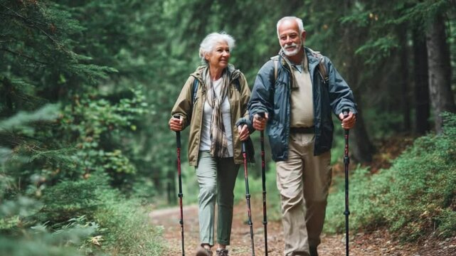 Enduring Partnership in the Woods: An elderly couple, hand in hand, enjoys a brisk walk amidst lush trees and a vibrant path, their connection echoing through nature's embrace.