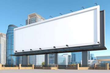 Fototapeta premium Billboard Blank Canvas Stands Tall in a Modern Cityscape Background. Mock up promotion information for marketing announcements and details, blank white space