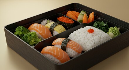 Indulge in this meticulously crafted bento box, a vibrant symphony of sushi, rice, and fresh vegetables.