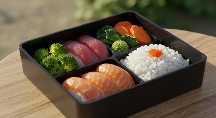 Delightful Bento Box: A Vibrant Feast of Sushi, Rice, and Fresh Vegetables