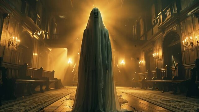 Halloween horror scene featuring a white undead ghost screaming