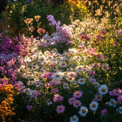 Obraz premium Vibrant Pink White Yellow Chrysanthemum Flowers in Garden Sunlight