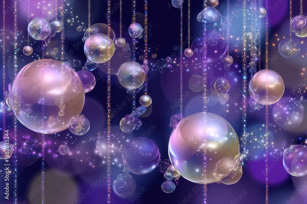 Poster a whimsical display of iridescent orbs suspended from shimmering strings against a dark backdrop