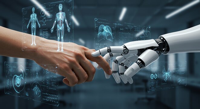 Human and robot hands touching data overlays