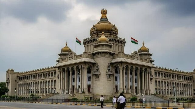 India Independence Day, Indian Flag Waving at Majestic Vidhana Soudha: Bangalore's Architectural Marvel Under Cloudy Skies