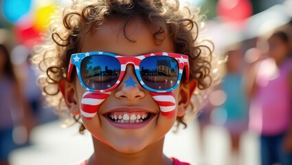 Close up of a child with patriotic face paint and sunglasses at a celebration event outdoors smiling