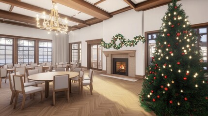 Sunlit dining room, Christmas tree, fireplace, garland, hardwood floors, large windows showing winter scene