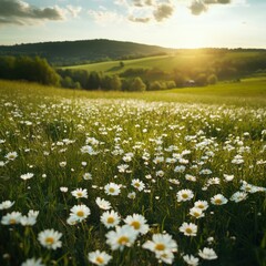 Obraz premium Vibrant Sunset Over a Field of Daisies in a Rolling Green Landscape