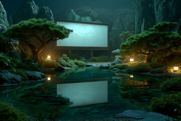 Reflecting Screen in Peaceful Pond Surrounded by Lush Foliage at Night. Mock up promotion information for marketing announcements and details, blank white space