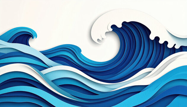 A dynamic abstract background with layered ocean waves in deep and light blue, sweeping around a central white space.