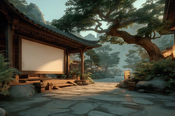 Obraz premium Visiting Tranquil Asian Garden Courtyard with Blank Billboard and Old Tree. Mock up promotion information for marketing announcements and details, blank white space