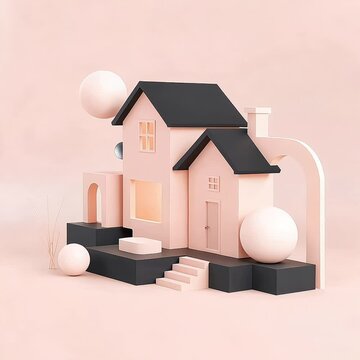 A pastel pink house floats softly in a world of moving, softly lit spheres.