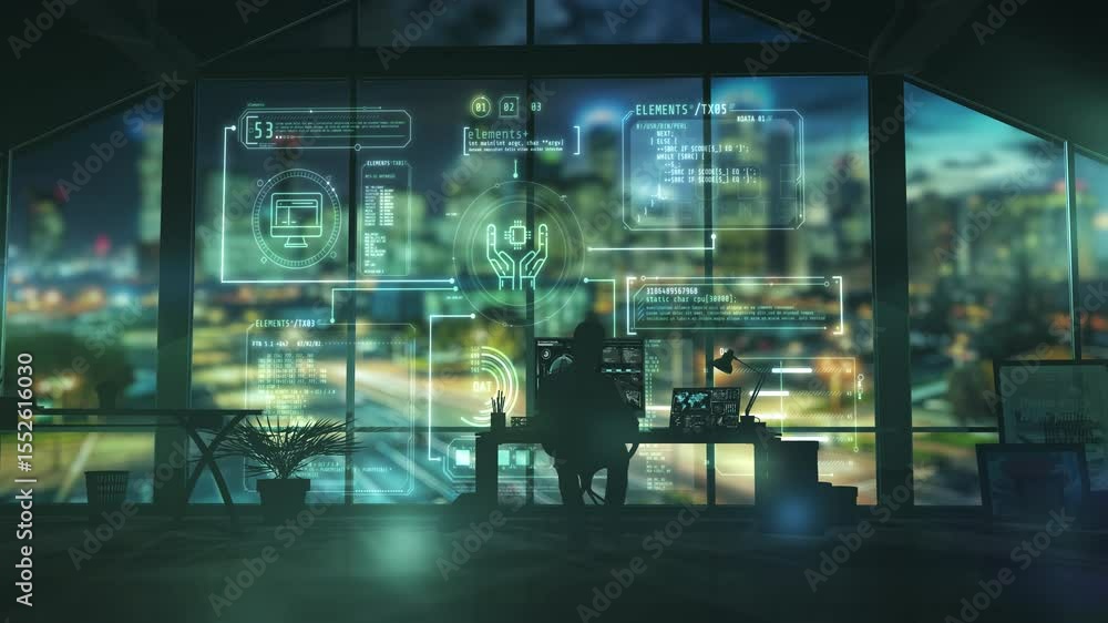 Poster software engineer working with digital interface in modern office at night