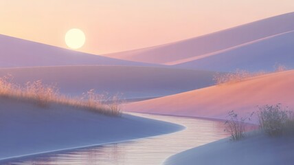 A soft, pastel desert landscape under a rising sun. Sand dunes frame a winding river, suitable for stock illustrations.