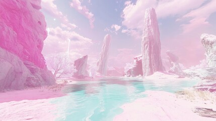 Pastel pink and light blue surreal landscape with large rocks and a calm river.
