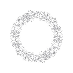 Hand drawn black and white line art canary islands flowers wreath. Card template with cute monochrome floral frame. Botanical vector illustration isolated on white.