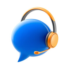 3d rendered blue speech bubble with orange headset and microphone against a black background representing communication and customer support