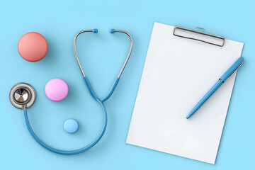 Medical Stethoscope and Clipboard with Pen on Light Blue Background. Mock up promotion information for marketing announcements and details, blank white space