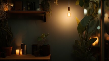 Close-Up Zoom Virtual Background, Evening Ambiance, Wall Shelving , Warm Lighting, Indoor Plants: Atmosphere, Moody, Nature, Calm, Peaceful. Cozy Interior Living Room Backdrop for Virtual Meetings