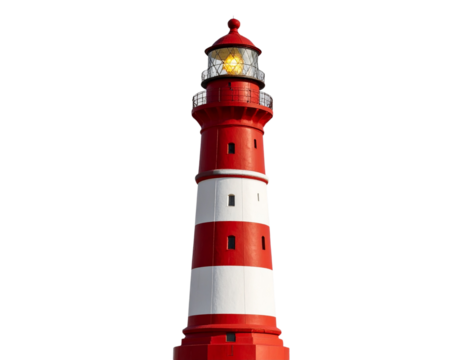 Classic Red and White Striped Lighthouse with Lit Beacon Full Front View isolated on transparent background PNG