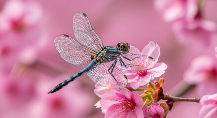 Dragonfly Perched on Delicate Pink Cherry Blossoms in Soft Sunlight