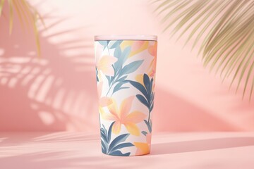 A tropical tumbler mockup with a delicate floral pattern on a pink background with palm shadows, symbolizing refreshing drinks, summer, and a relaxing vacation