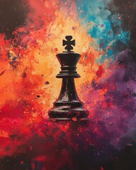 A bold black king chess piece against a dynamic, colorful abstract explosion, symbolizing strategic brilliance, impactful decisions, and creative power