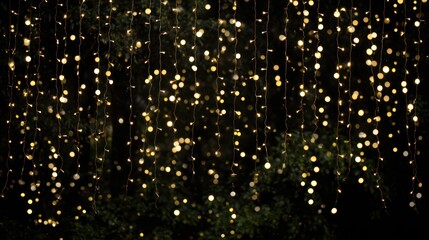 Naklejka premium Festive string lights display outdoor garden decorative lighting nighttime ambiance close-up holiday cheer