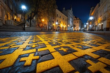 Cobblestone street at night, yellow crosses