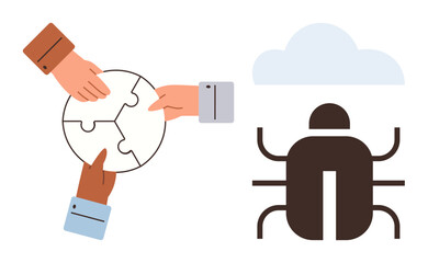 Hands connecting puzzle pieces depict teamwork, paired with a cloud and bug symbolizing cybersecurity. Ideal for collaboration, problem-solving, technology, teamwork, innovation, online security