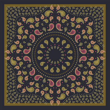 Blue scarf or bandana design with paisley mandala pattern. Ethnic colorful carpet design. Abstract boho background.