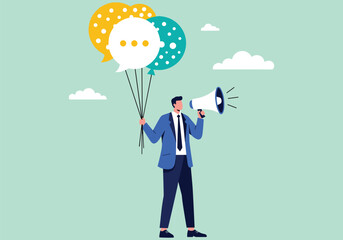 Colorful balloons flying with a happy businessman holding them, illustrating a fun concept of celebration and business success