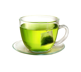 A cup of green tea with a tea bag, isolated on a transparent background.