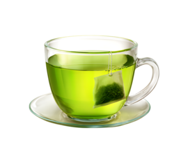 A cup of green tea with a tea bag, isolated on a transparent background.