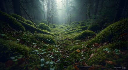A view of a mossy forest floor with trees and a hazy glow in the distance in a natural setting
