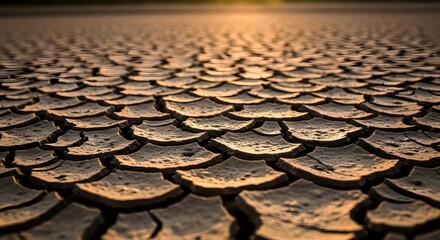 Arid earth showing cracked mud texture and pattern under the sunlight at sunset or sunrise time