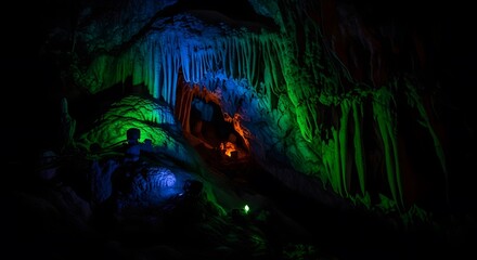 Illuminated cave formations with stalactites and stalagmites in vibrant blue green and orange hues