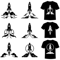 A clean and simple assortment of rocket silhouettes in a trendy flat design style for modern illustration