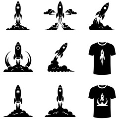 A beautiful collection of flat design assets, showcasing a variety of rocket silhouettes for digital media