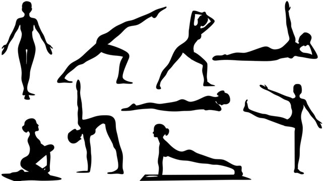 Silhouette illustration showing a variety of yoga poses in black on a white background image space here