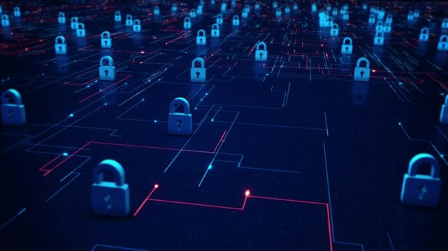 Secure Digital Network Advanced Cyber Protection digital locks, cybersecurity and safety of data protection. encrypted data flows secure network. encryption, firewalls, and secure communications 3D 4K